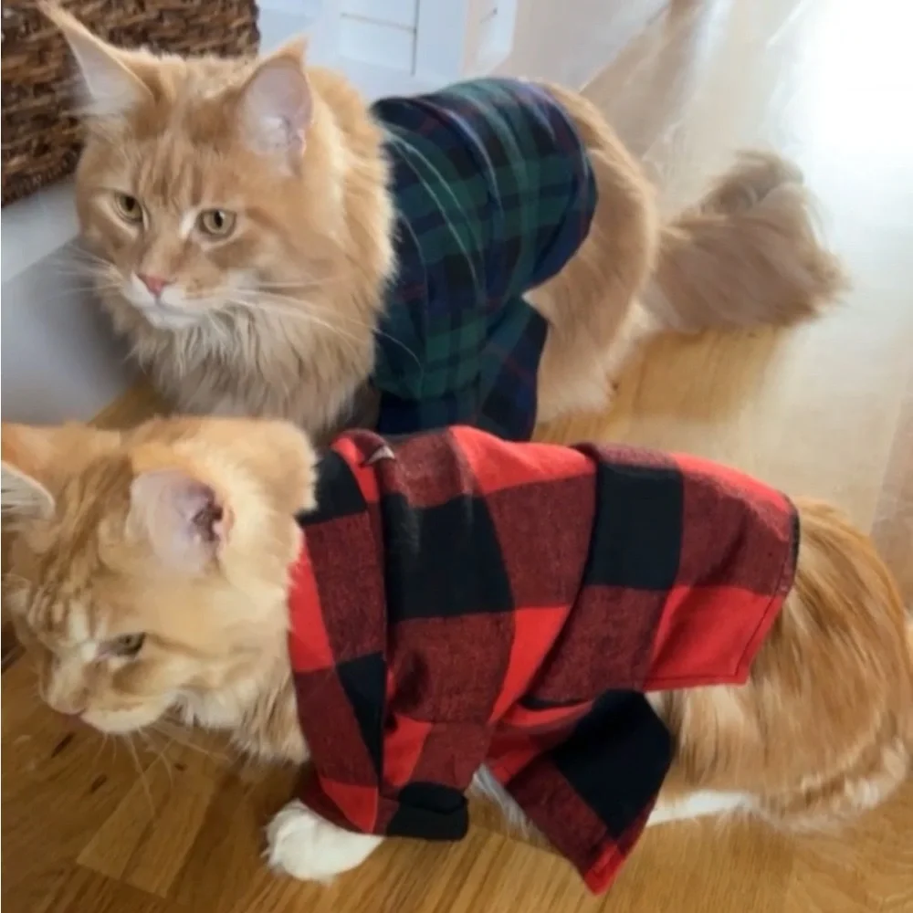 Set of 2 Pet Plaid Flannel Shirt - Red & Green - Size Small
